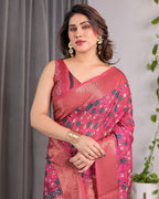 Rani Pink Handloom Linen Saree with Floral Vine Print & Paisley Pallu | Gold Zari Border & Tassel Detailing | Attached Blouse | 5.5m Saree + 0.8m Blouse