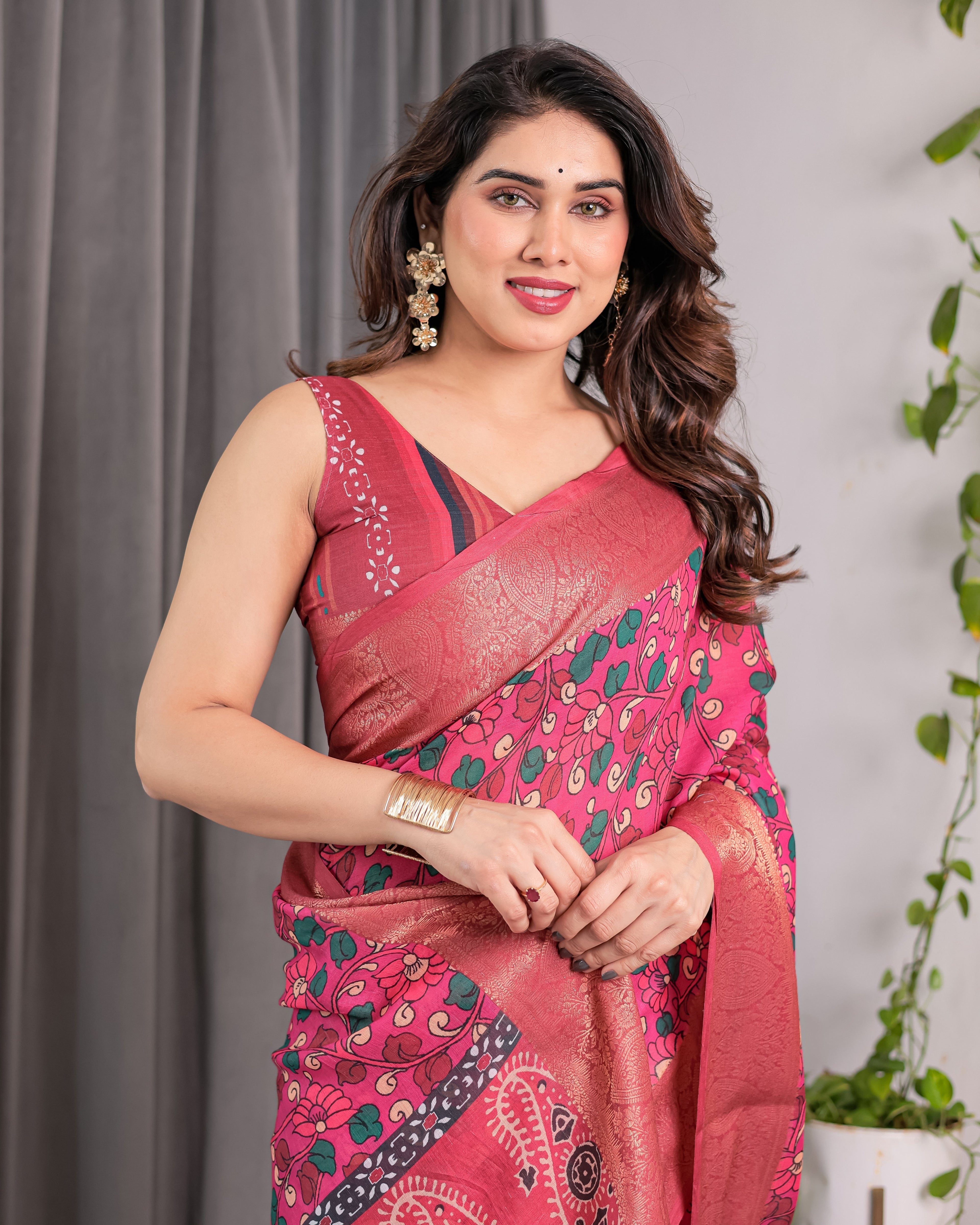 Rani Pink Handloom Linen Saree with Floral Vine Print & Paisley Pallu | Gold Zari Border & Tassel Detailing | Attached Blouse | 5.5m Saree + 0.8m Blouse