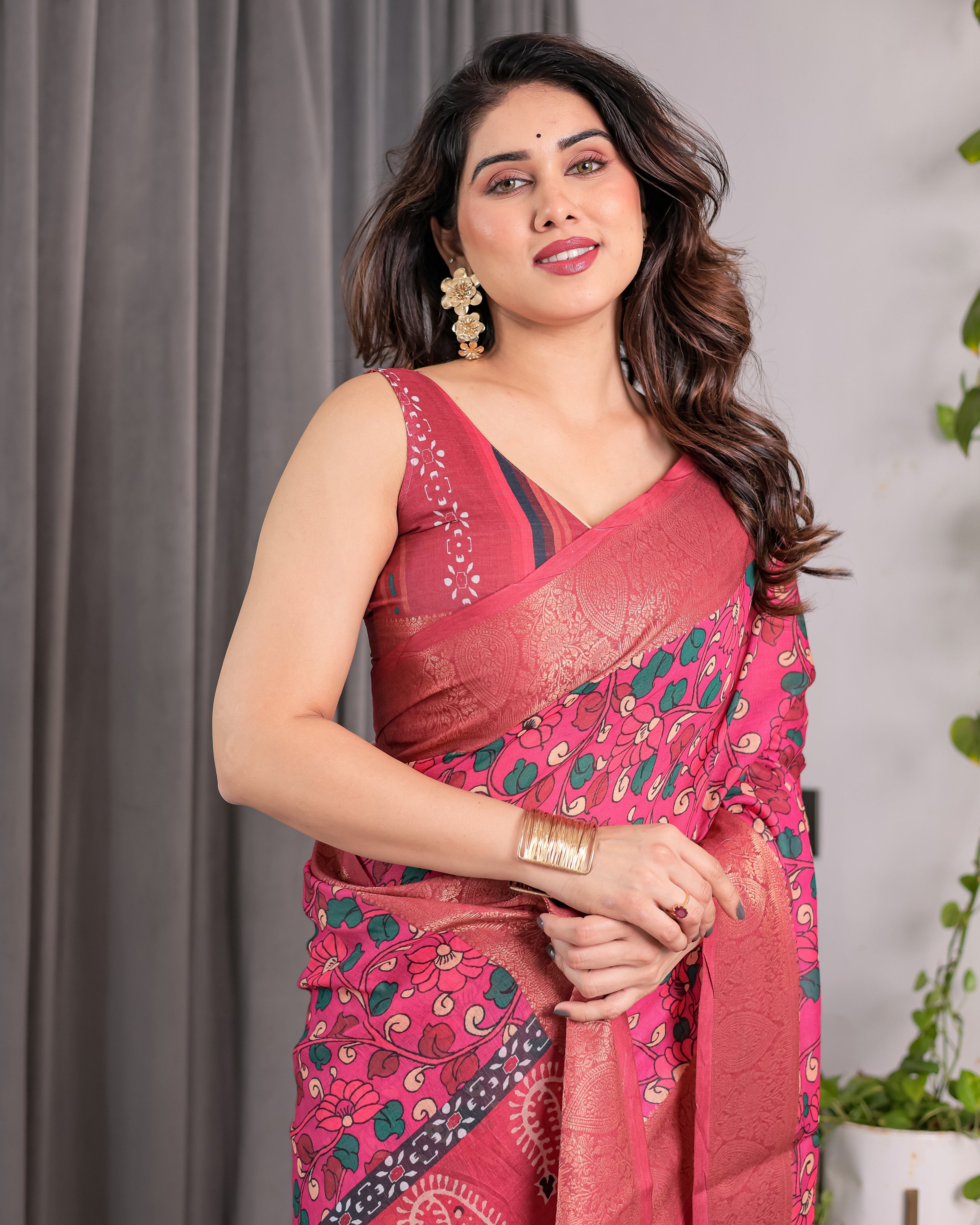 Rani Pink Handloom Linen Saree with Floral Vine Print & Paisley Pallu | Gold Zari Border & Tassel Detailing | Attached Blouse | 5.5m Saree + 0.8m Blouse