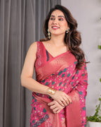 Rani Pink Handloom Linen Saree with Floral Vine Print & Paisley Pallu | Gold Zari Border & Tassel Detailing | Attached Blouse | 5.5m Saree + 0.8m Blouse