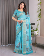 Turquoise Blue Handloom Linen Saree with Floral Digital Print & Golden Zari Border | Tassel Detailing | Attached Blouse | 5.5m Saree + 0.8m Blouse