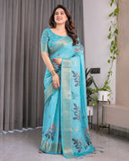 Turquoise Blue Handloom Linen Saree with Floral Digital Print & Golden Zari Border | Tassel Detailing | Attached Blouse | 5.5m Saree + 0.8m Blouse