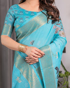 Turquoise Blue Handloom Linen Saree with Floral Digital Print & Golden Zari Border | Tassel Detailing | Attached Blouse | 5.5m Saree + 0.8m Blouse