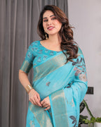 Turquoise Blue Handloom Linen Saree with Floral Digital Print & Golden Zari Border | Tassel Detailing | Attached Blouse | 5.5m Saree + 0.8m Blouse
