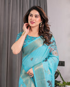 Turquoise Blue Handloom Linen Saree with Floral Digital Print & Golden Zari Border | Tassel Detailing | Attached Blouse | 5.5m Saree + 0.8m Blouse