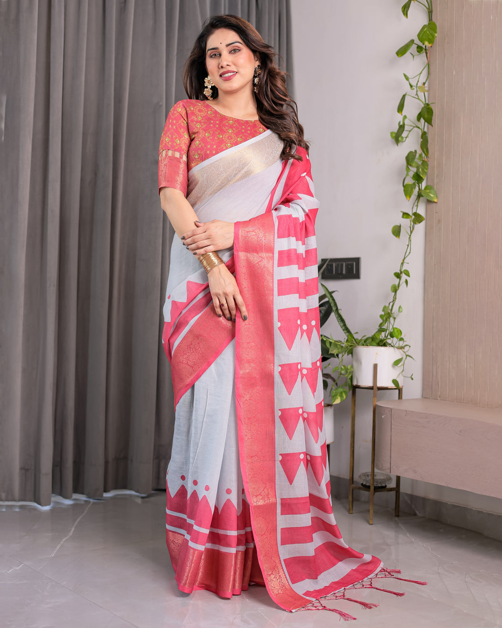 White & Pink Handloom Linen Saree with Geometric Flag Print & Gold Zari Border | Festive Tassel Detailing | Attached Blouse | 5.5m Saree + 0.8m Blouse