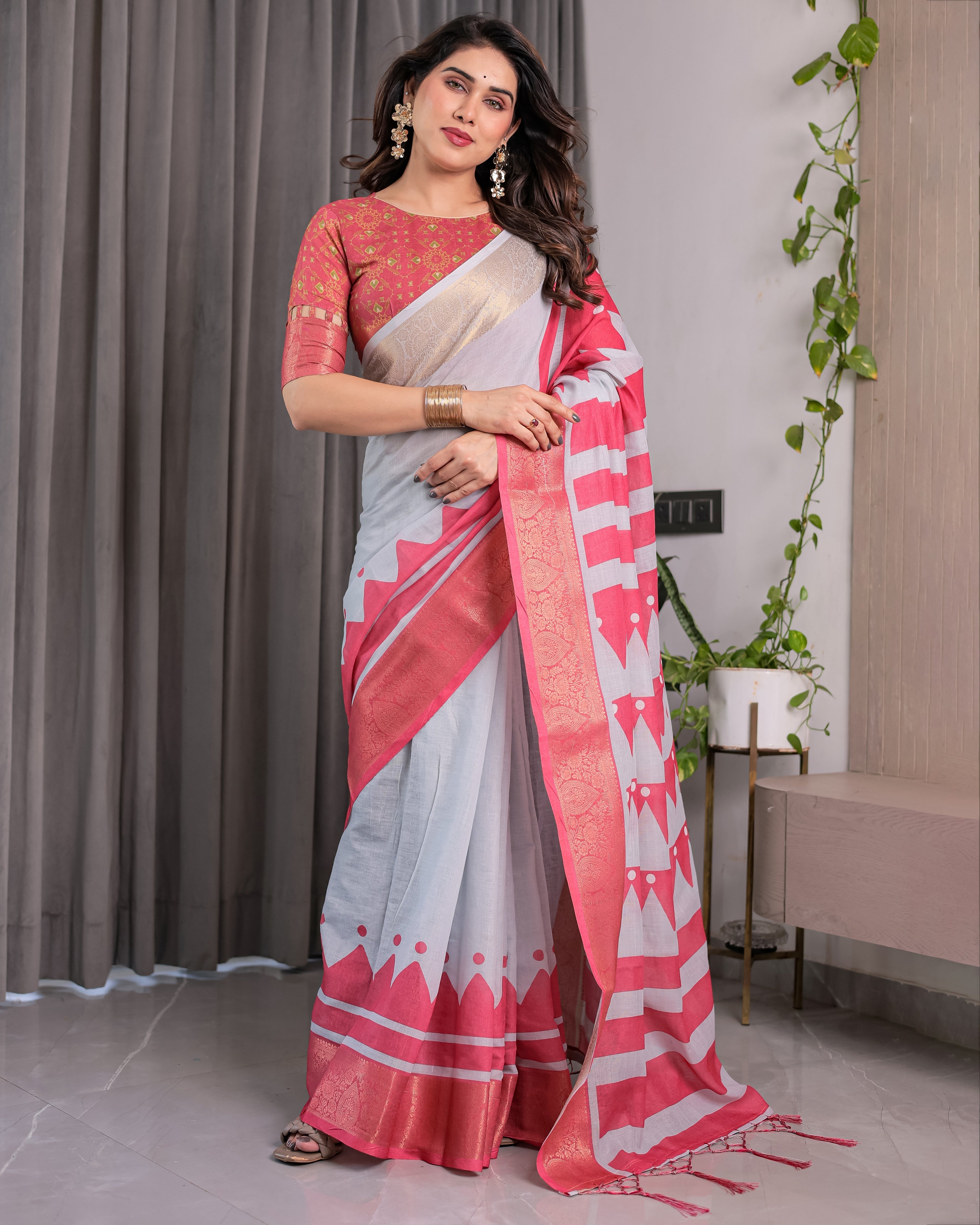 White & Pink Handloom Linen Saree with Geometric Flag Print & Gold Zari Border | Festive Tassel Detailing | Attached Blouse | 5.5m Saree + 0.8m Blouse