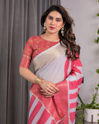 White & Pink Handloom Linen Saree with Geometric Flag Print & Gold Zari Border | Festive Tassel Detailing | Attached Blouse | 5.5m Saree + 0.8m Blouse