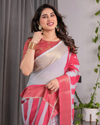 White & Pink Handloom Linen Saree with Geometric Flag Print & Gold Zari Border | Festive Tassel Detailing | Attached Blouse | 5.5m Saree + 0.8m Blouse