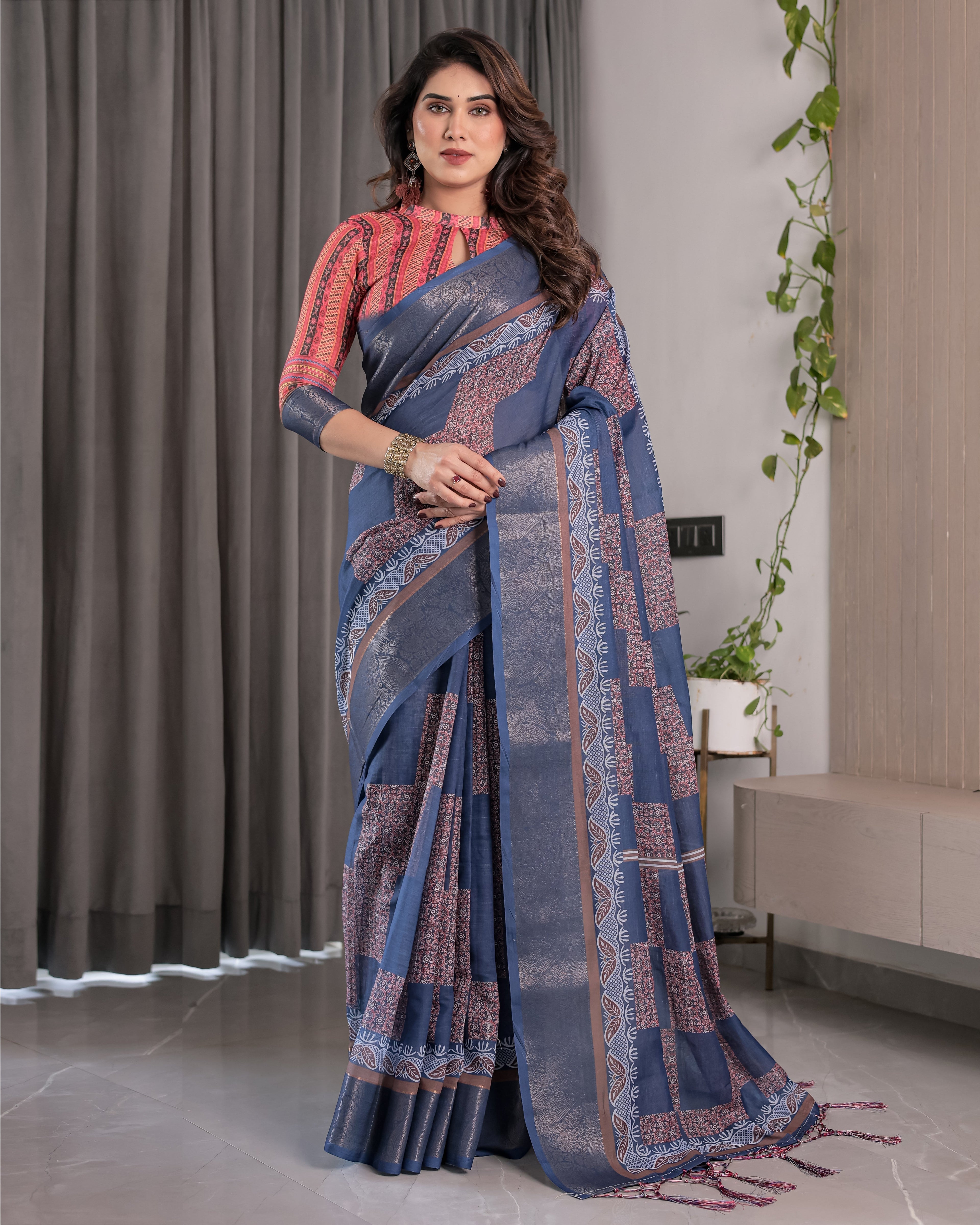 Slate Blue Handloom Linen Saree with Copper Zari Border & Geometric Digital Block Prints | Contrast Tassels & Attached Blouse | 5.5m Saree + 0.8m Blouse