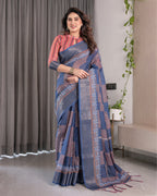 Slate Blue Handloom Linen Saree with Copper Zari Border & Geometric Digital Block Prints | Contrast Tassels & Attached Blouse | 5.5m Saree + 0.8m Blouse