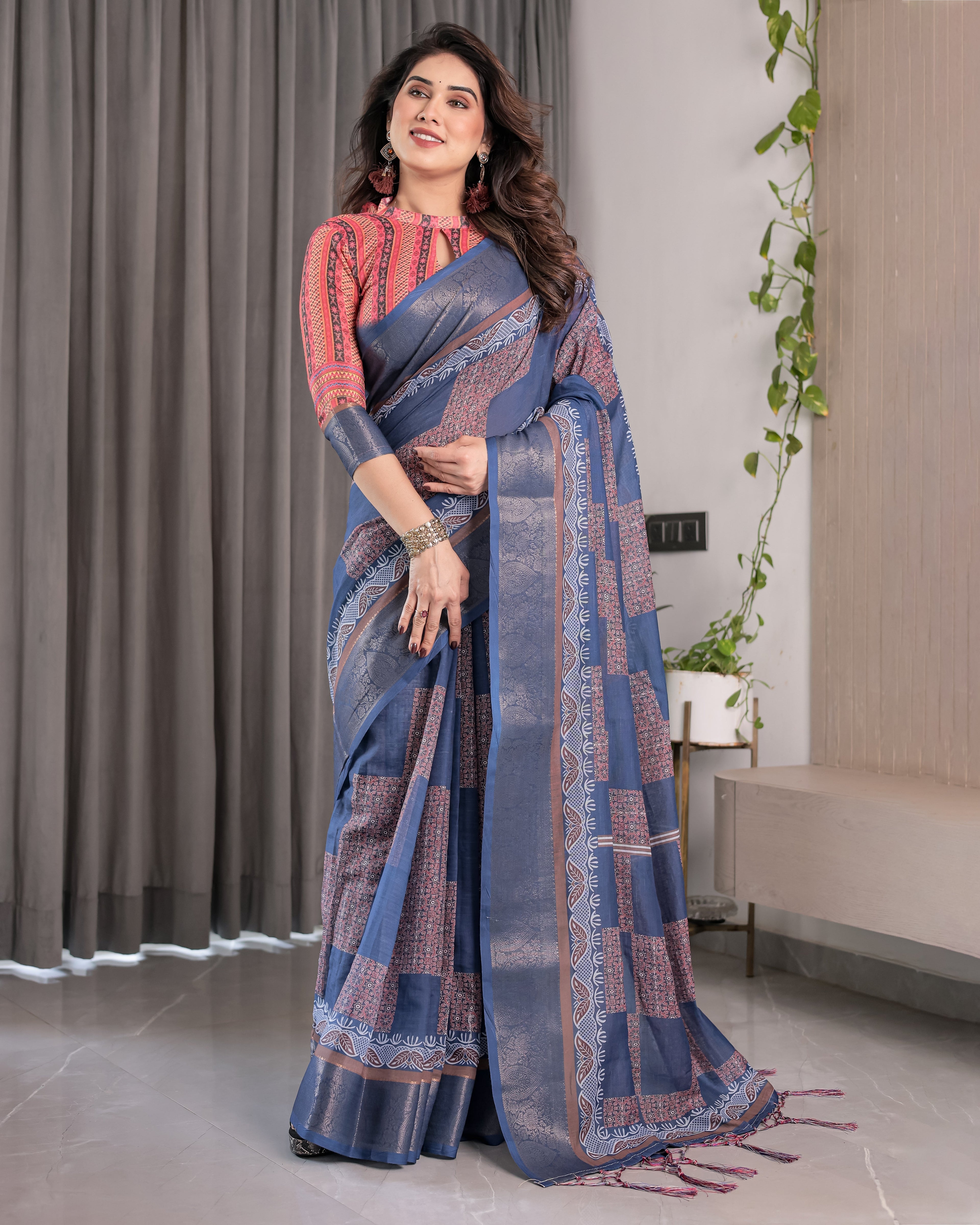 Slate Blue Handloom Linen Saree with Copper Zari Border & Geometric Digital Block Prints | Contrast Tassels & Attached Blouse | 5.5m Saree + 0.8m Blouse