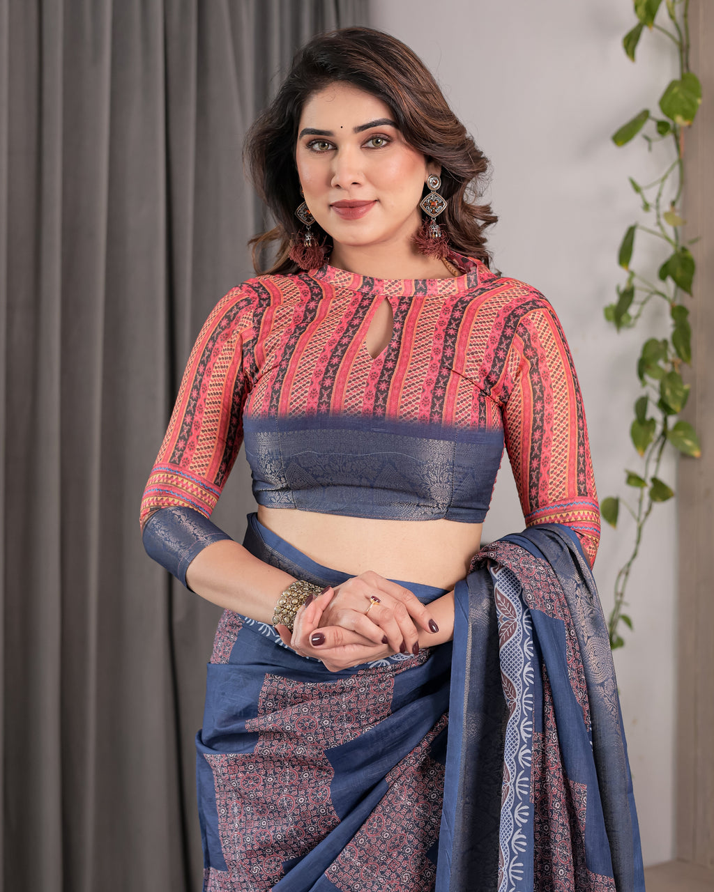 Slate Blue Handloom Linen Saree with Copper Zari Border & Geometric Digital Block Prints | Contrast Tassels & Attached Blouse | 5.5m Saree + 0.8m Blouse