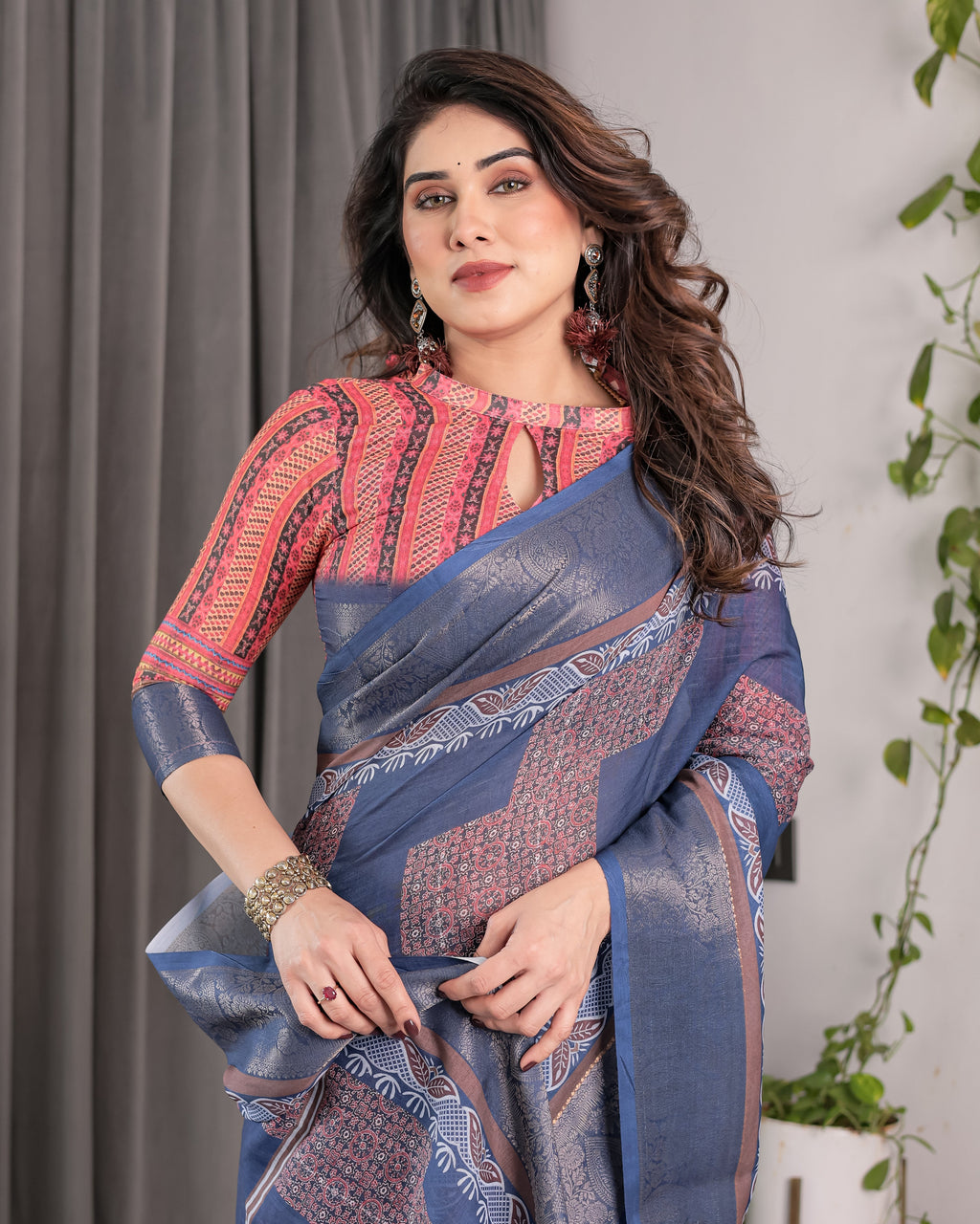 Slate Blue Handloom Linen Saree with Copper Zari Border & Geometric Digital Block Prints | Contrast Tassels & Attached Blouse | 5.5m Saree + 0.8m Blouse