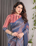 Slate Blue Handloom Linen Saree with Copper Zari Border & Geometric Digital Block Prints | Contrast Tassels & Attached Blouse | 5.5m Saree + 0.8m Blouse