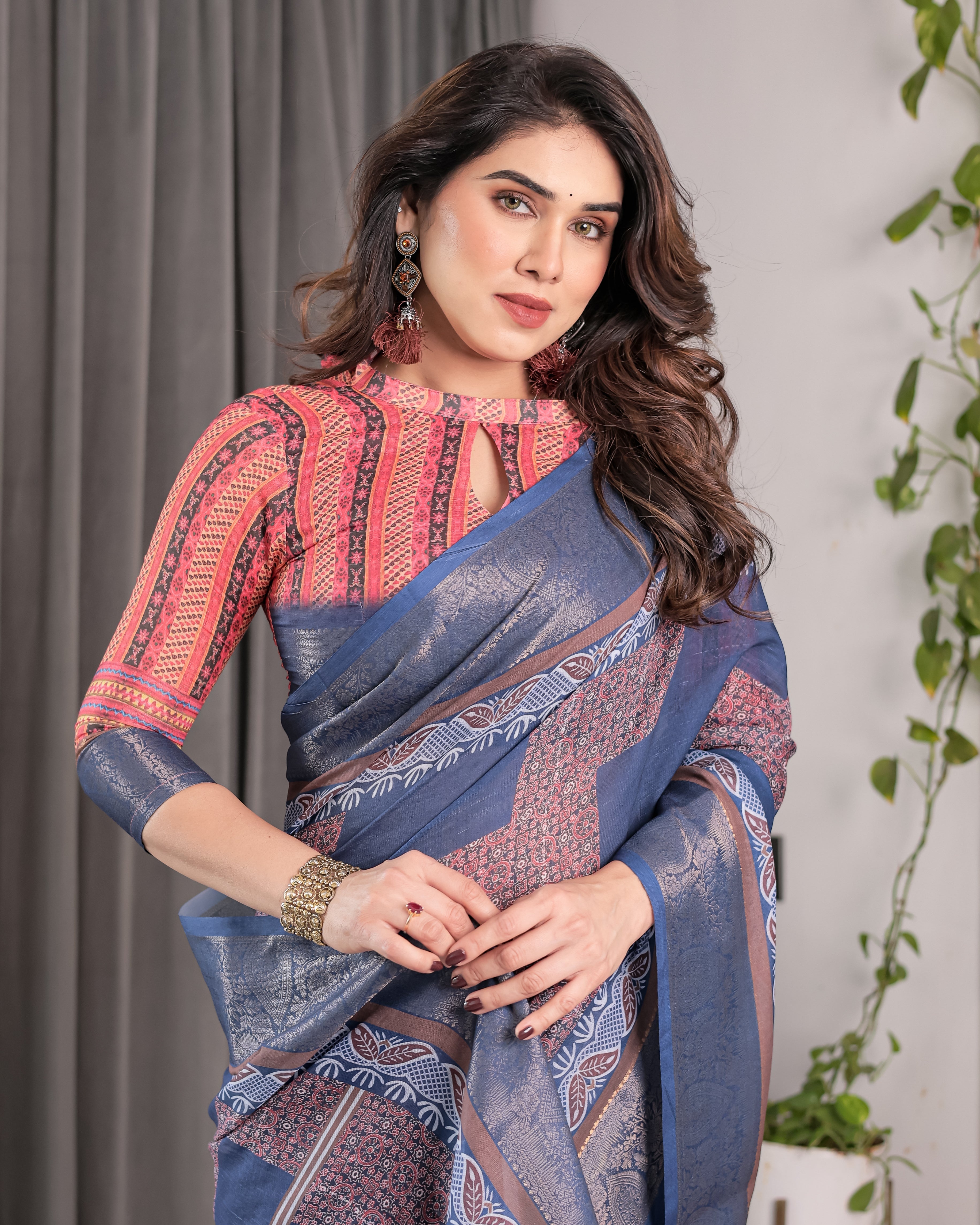 Slate Blue Handloom Linen Saree with Copper Zari Border & Geometric Digital Block Prints | Contrast Tassels & Attached Blouse | 5.5m Saree + 0.8m Blouse
