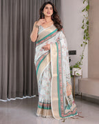 Ivory White Handloom Linen Saree with Royal Palace & Elephant Print | Gold Zari Border & Tassels | 5.5m Saree + 0.8m Blouse