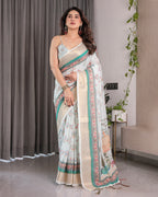 Ivory White Handloom Linen Saree with Royal Palace & Elephant Print | Gold Zari Border & Tassels | 5.5m Saree + 0.8m Blouse