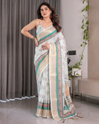 Ivory White Handloom Linen Saree with Royal Palace & Elephant Print | Gold Zari Border & Tassels | 5.5m Saree + 0.8m Blouse