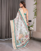 Ivory White Handloom Linen Saree with Royal Palace & Elephant Print | Gold Zari Border & Tassels | 5.5m Saree + 0.8m Blouse