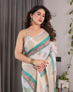 Ivory White Handloom Linen Saree with Royal Palace & Elephant Print | Gold Zari Border & Tassels | 5.5m Saree + 0.8m Blouse