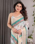 Ivory White Handloom Linen Saree with Royal Palace & Elephant Print | Gold Zari Border & Tassels | 5.5m Saree + 0.8m Blouse