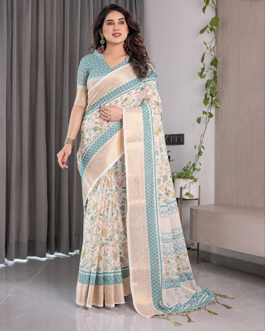 Ivory White Handloom Linen Saree with Aqua Floral Print & Gold Zari Border | Printed Pallu with Tassels | 5.5m Saree + 0.8m Blouse