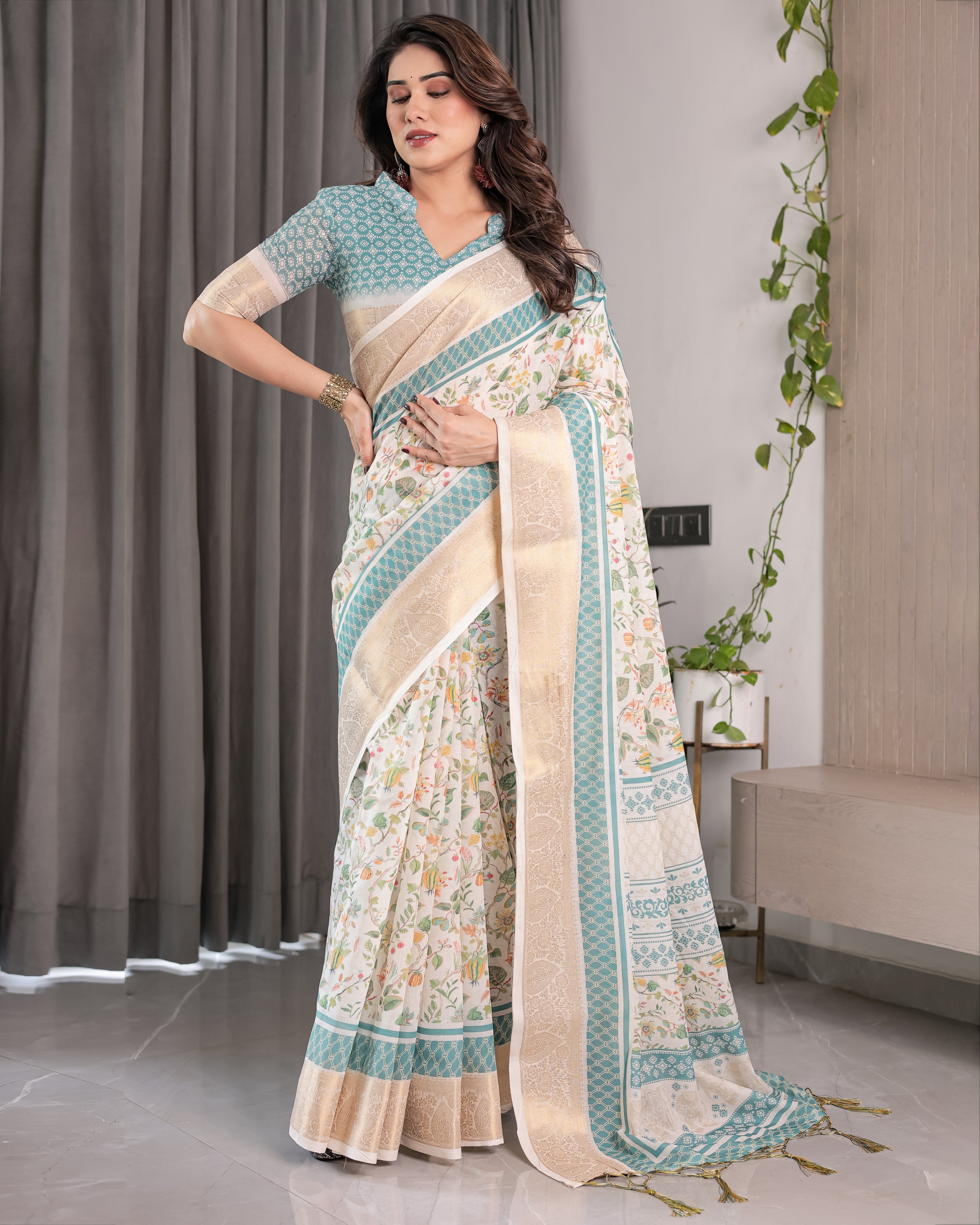 Ivory White Handloom Linen Saree with Aqua Floral Print & Gold Zari Border | Printed Pallu with Tassels | 5.5m Saree + 0.8m Blouse