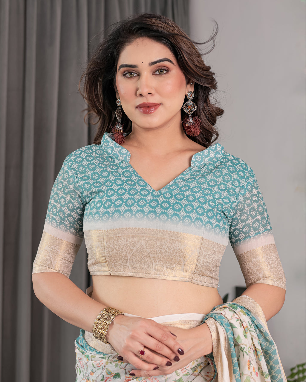 Ivory White Handloom Linen Saree with Aqua Floral Print & Gold Zari Border | Printed Pallu with Tassels | 5.5m Saree + 0.8m Blouse