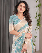 Ivory White Handloom Linen Saree with Aqua Floral Print & Gold Zari Border | Printed Pallu with Tassels | 5.5m Saree + 0.8m Blouse