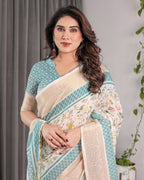 Ivory White Handloom Linen Saree with Aqua Floral Print & Gold Zari Border | Printed Pallu with Tassels | 5.5m Saree + 0.8m Blouse