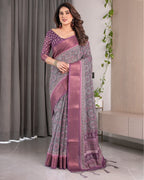 Dusty Purple Handloom Linen Printed Saree with Zari Border, Geometric Floral Motifs & Tasselled Pallu | Attached Blouse Piece | 5.5m Saree + 0.8m Blouse