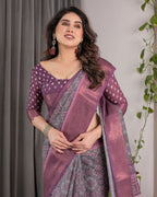 Dusty Purple Handloom Linen Printed Saree with Zari Border, Geometric Floral Motifs & Tasselled Pallu | Attached Blouse Piece | 5.5m Saree + 0.8m Blouse