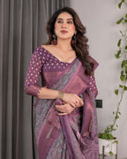 Dusty Purple Handloom Linen Printed Saree with Zari Border, Geometric Floral Motifs & Tasselled Pallu | Attached Blouse Piece | 5.5m Saree + 0.8m Blouse