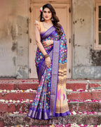 Royal Purple Tussar Silk Saree with Vibrant Floral Print and Peacock Motif Pallu