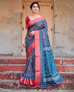 Teal Blue and Coral Tussar Silk Saree with Floral Weaves and Geometric Pallu