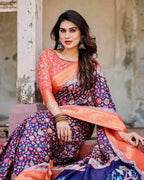 Navy Blue and Peach Tussar Silk Saree with Peacock Motifs and Floral Zari Border