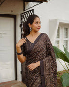 Black Pure Cotton  Linen Saree Weaved With  Zari Comes With Tassels