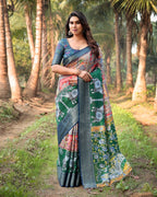 Pure Silk Digitally Printed Saree Weaved With Golden Zari Comes With Tassels - Almaari Fashion